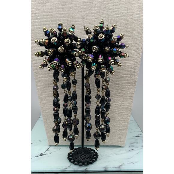 Unbranded Jewelry - Vintage Waterfall Cha Cha Dangle Beaded Oil Slick Iridescent Clip On Earrings